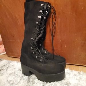 Black Knee High Platform Combat Boots